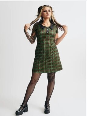 NWT! Sourpuss Green and Brown Houndstooth Dress with Vinyl Collar